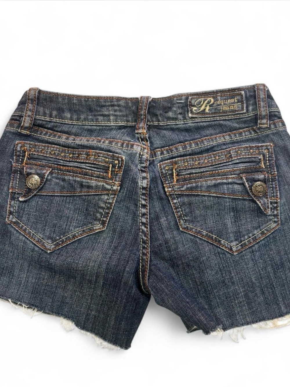 Request Jeans Embroidered Back Pocket Denim Shorts in Indigo